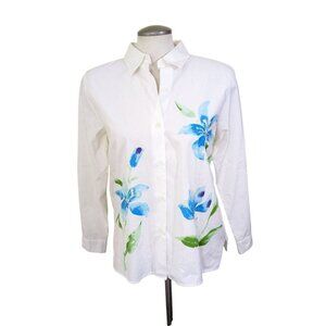 Womens L White Floral Beaded Blouse Button Up Tropical Flower Classic Cotton